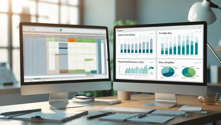 Practice manager comparing a messy AR spreadsheet to a clean ClearView™ revenue analytics dashboard.